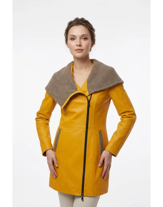 Koletsa Kadın Sarı Uzun Deri Ceket