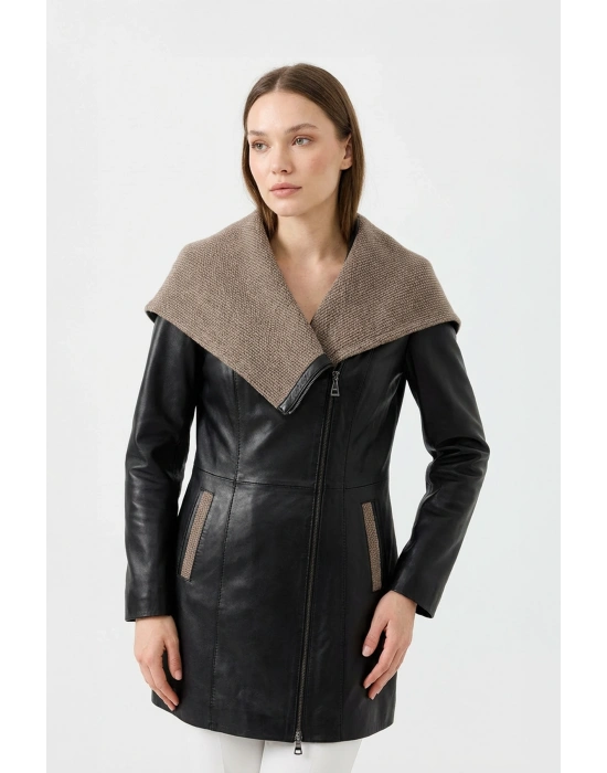 Koletsa Kadın Siyah Uzun Deri Ceket