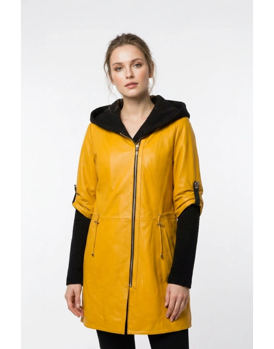 Komika Kadın Sarı Uzun Deri Ceket