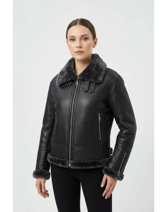 Koskovat Kadın Siyah Kürklü Deri Kaban