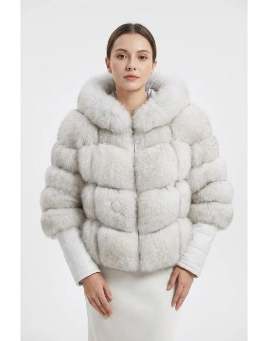 Kostanivat Kadın Beyaz Kapşonlu Tilki Kürkü Ceket