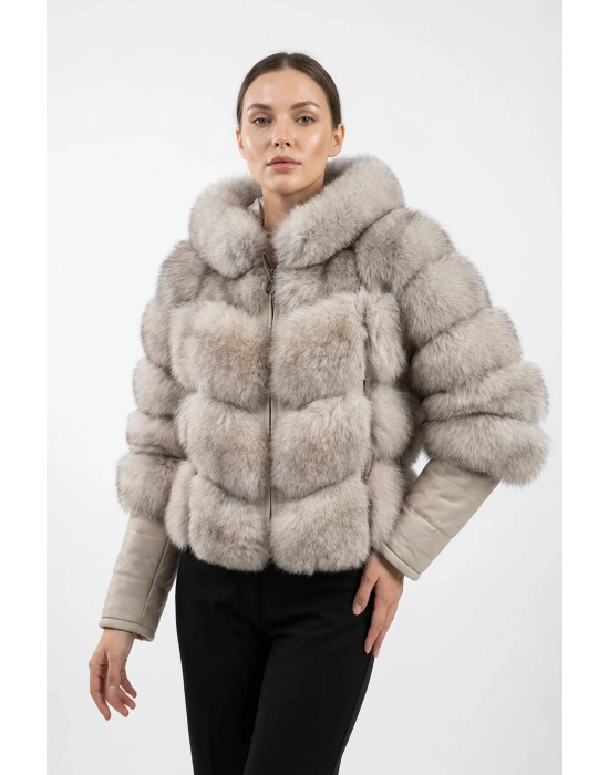 Kostanivat Kadın Bej Kapşonlu Tilki Kürkü Ceket