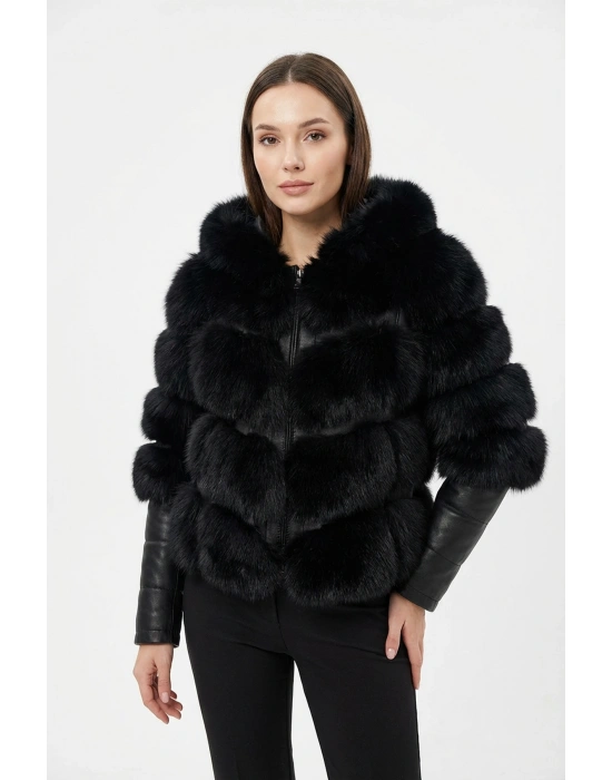 Kostanivat Kadın Siyah Kapşonlu Tilki Kürkü Ceket