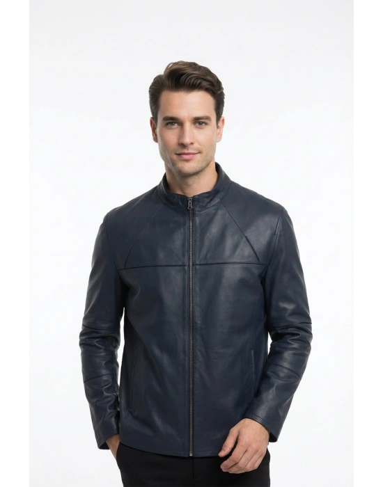 Kuşiva Erkek Lacivert Çift Taraflı Deri Ceket