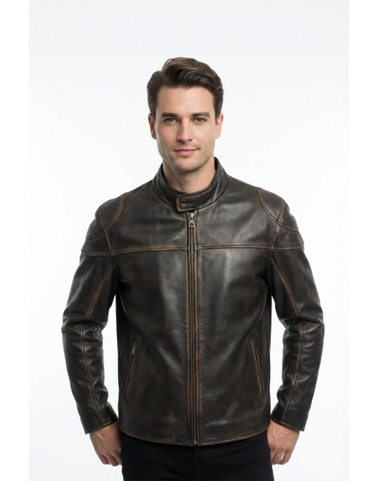 Kuvaroz Erkek Siyah Motor Deri Ceket