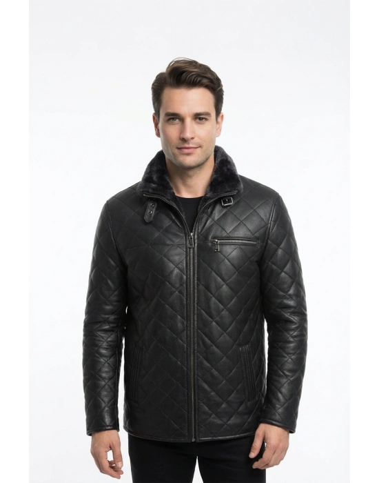 Kuzika Erkek Siyah Kürklü Deri Kaban