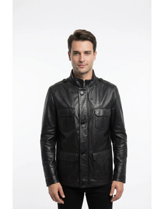 Meğenit Erkek Siyah Safari Deri Ceket
