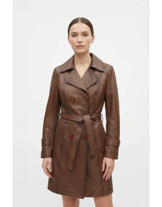 Mişona Kadın Kahverengi Uzun Deri Trençkot