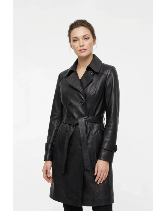 Mişona Kadın Siyah Uzun Deri Trençkot