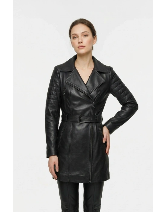 Murciva Kadın Siyah Uzun Deri Ceket