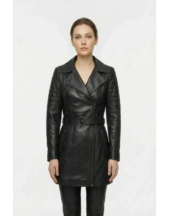 Murciva Kadın Siyah Uzun Deri Ceket