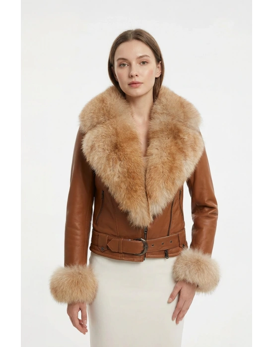 Perkam Kadın Kahverengi Tilki Kürklü Deri Ceket