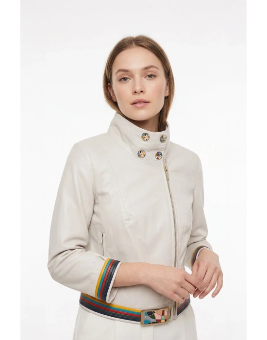 Rados Kadın Beyaz Kemerli Kısa Deri Ceket