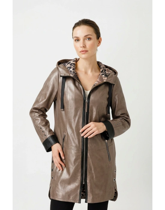 Tezina Kadın Siyah Çift Taraflı Uzun Deri Ceket