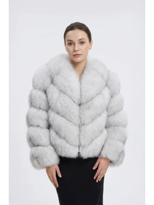 Asporim Kadın Beyaz V Model Tilki Kürkü Ceket