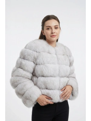 Havazit Kadın Beyaz Düz Model Tilki Kürkü Ceket