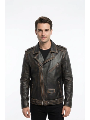 Akrotil Erkek Siyah Motor Deri Ceket