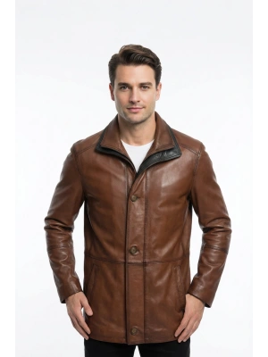 Argaloz Erkek Kahverengi Uzun Yakalı Deri Ceket