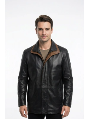 Argaloz Erkek Siyah Uzun Yakalı Deri Ceket