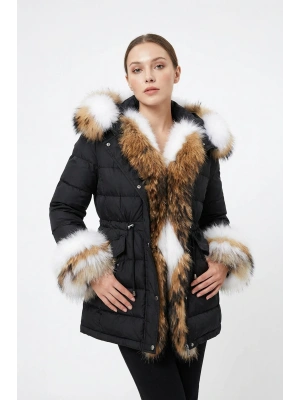 Asrifos Kadın Siyah Uzun Tilki Kürkü Parka