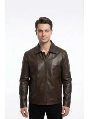 Gavra Erkek Koyu Kahve Yakalı Deri Ceket