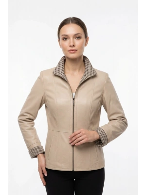 Kalitoz Kadın Bej Çift Taraflı Kısa Deri Ceket