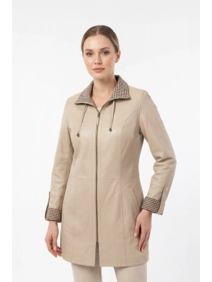 Kalitoz Kadın Bej Çift Taraflı Uzun Deri Ceket