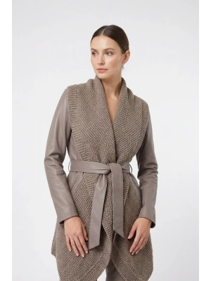 Kamenit Kadın Krem Uzun Örmeli Deri Ceket