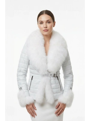 Kandeva Kadın Beyaz Kürklü Deri Ceket