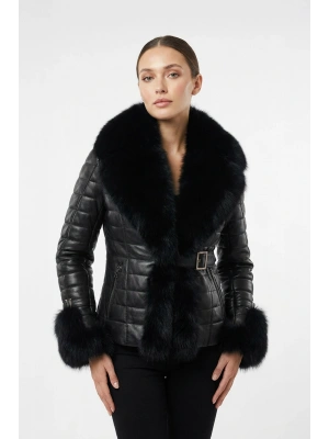 Kandeva Kadın Siyah Kürklü Deri Ceket