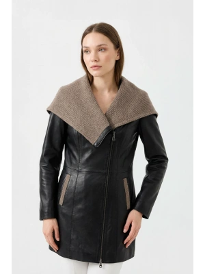 Koletsa Kadın Siyah Uzun Deri Ceket
