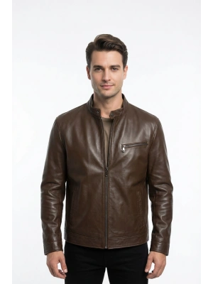 Kolona Erkek Koyu Kahve Deri Ceket