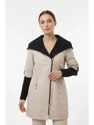 Komika Kadın Bej Uzun Deri Ceket