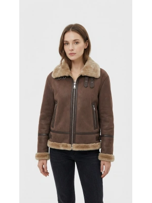 Koskovat Kadın Kahverengi Kürklü Deri Kaban