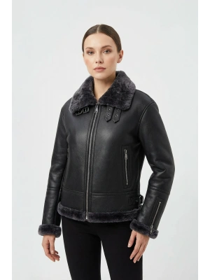 Koskovat Kadın Siyah Kürklü Deri Kaban