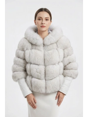 Kostanivat Kadın Beyaz Kapşonlu Tilki Kürkü Ceket