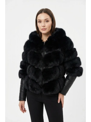 Kostanivat Kadın Siyah Kapşonlu Tilki Kürkü Ceket