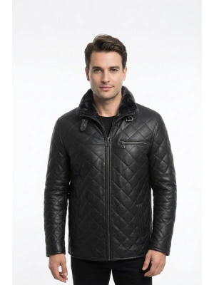 Kuzika Erkek Siyah Kürklü Deri Kaban