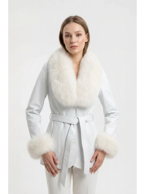 Maryava Kadın Beyaz Tilki Kürkü Deri Ceket