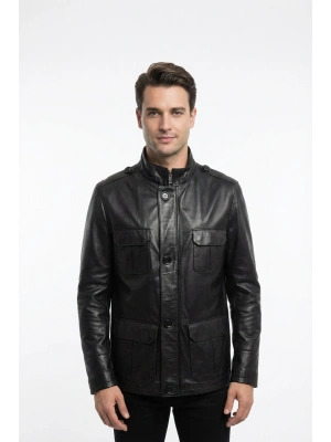 Meğenit Erkek Siyah Safari Deri Ceket