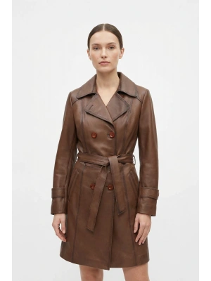 Mişona Kadın Kahverengi Uzun Deri Trençkot
