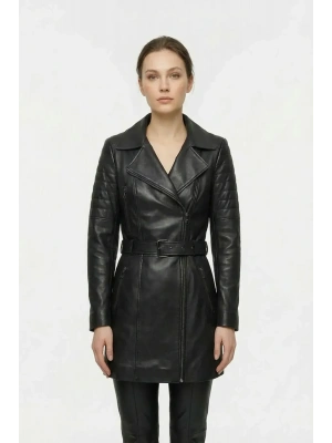 Murciva Kadın Siyah Uzun Deri Ceket