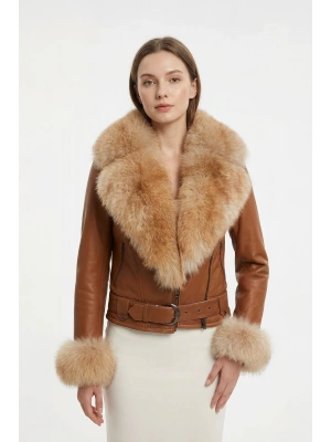Perkam Kadın Kahverengi Tilki Kürklü Deri Ceket