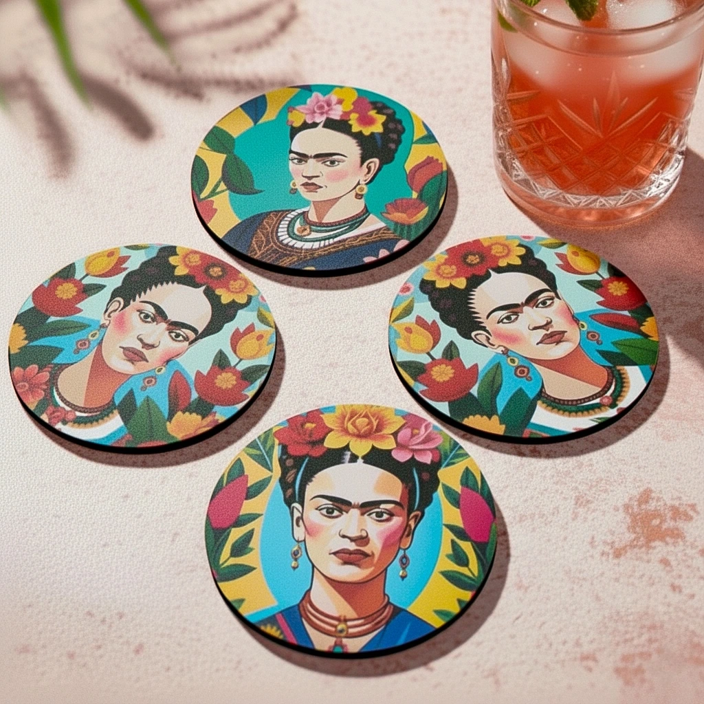 4lü Frida Kahlo Desenli Ahşap Bardak Altlığı Seti – 9 cm, Kaydırmaz Keçe Tabanlı