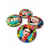 4lü Frida Kahlo Desenli Ahşap Bardak Altlığı Seti – 9 cm, Kaydırmaz Keçe Tabanlı
