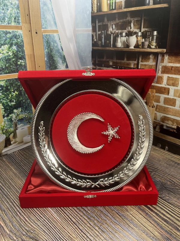 Kadife Özel Hediye Kutulu Gümüş Yuvarlak Tabakta Filografi Ay Yıldız Obje 25 cm