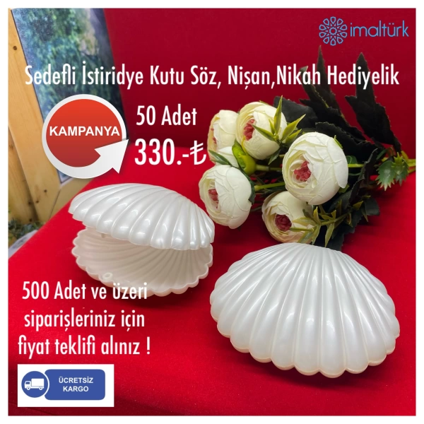 Sedefli İstiridye Kutu Söz, Nişan, Nikah Hediyelik 50 Adet 8 X 6 cm