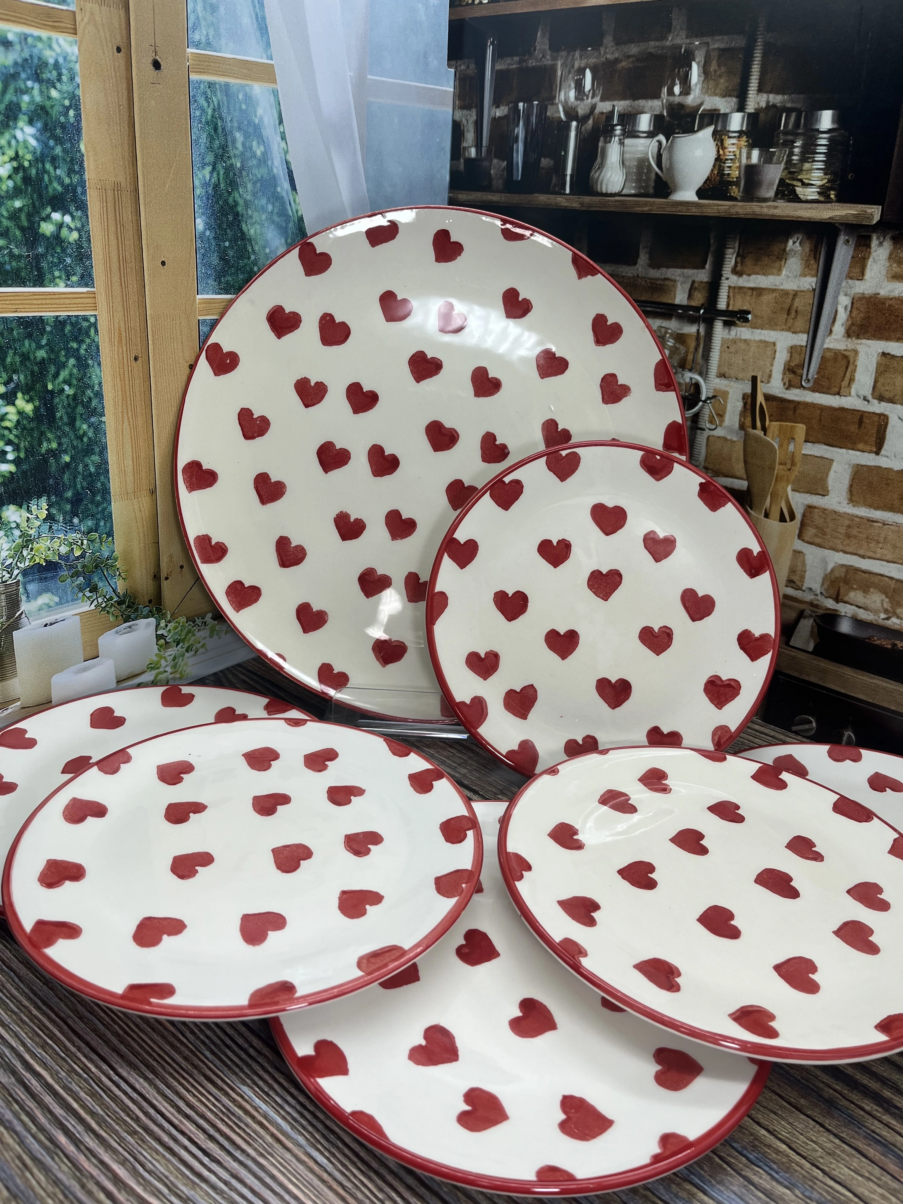 El Dekor Kalp Desen Seramik 7 Parça 6 Kişilik İkram Seti