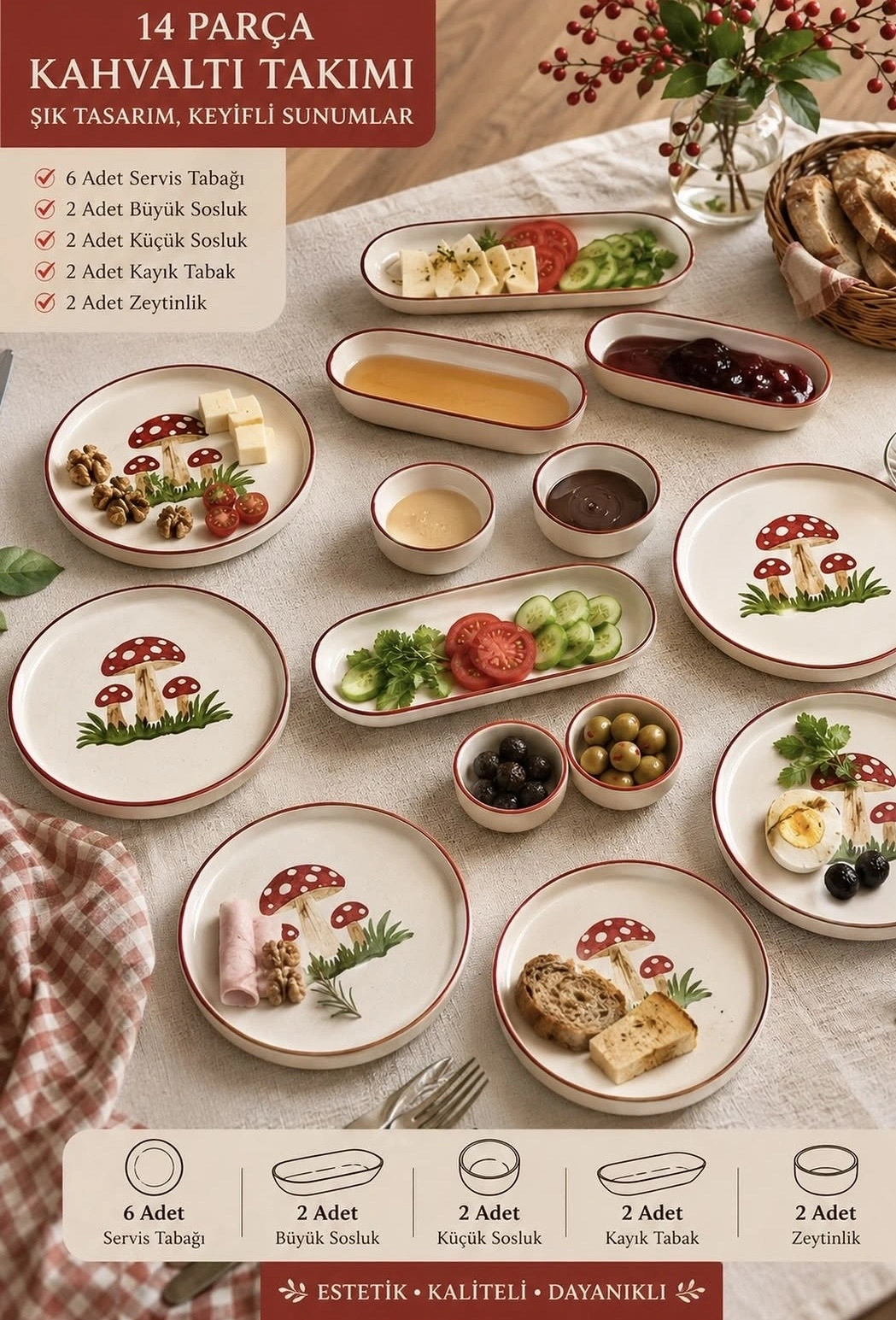 Seramik 14 Parça 6 Kişilik Kahvaltı Takımı