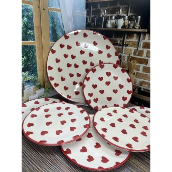 El Dekor Kalp Desen Seramik 7 Parça 6 Kişilik İkram Seti